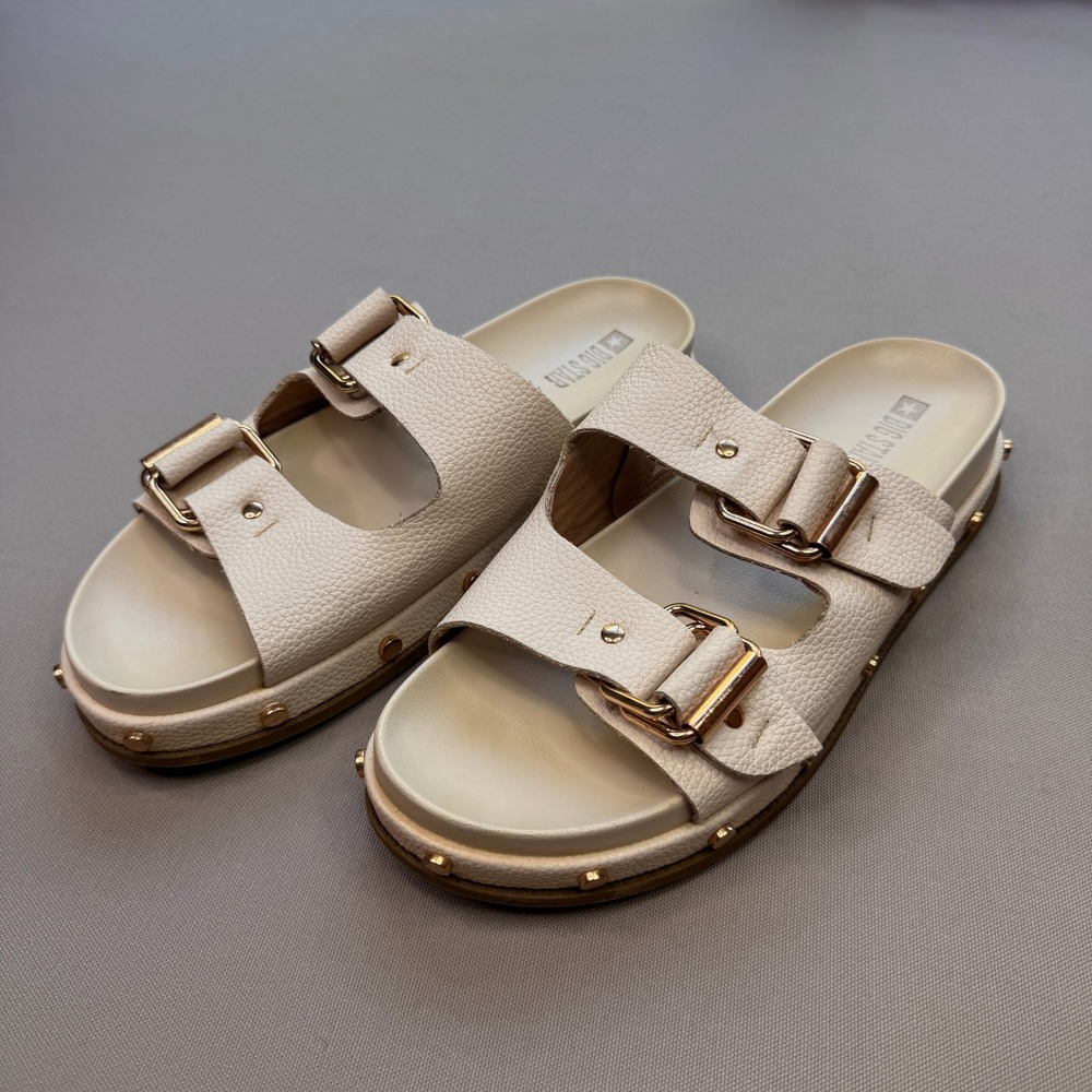 Big Star Women Cream Double Buckle Slide Sandals Studded Gold Hardware Size 41